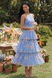 Blue Floral A Line Ruffled Wedding Guest Dress