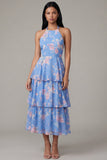 Blue Floral A Line Ruffled Wedding Guest Dress