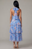 Blue Floral A Line Ruffled Wedding Guest Dress