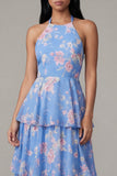 Blue Floral A Line Ruffled Wedding Guest Dress