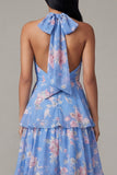 Blue Floral A Line Ruffled Wedding Guest Dress
