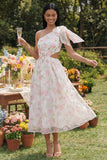 White Pink Flower A Line One Shoulder Wedding Guest Dress with Bow