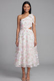 White Pink Flower A Line One Shoulder Wedding Guest Dress with Bow