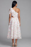 White Pink Flower A Line One Shoulder Wedding Guest Dress with Bow