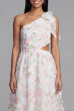 White Pink Flower A Line One Shoulder Wedding Guest Dress with Bow