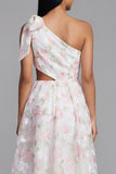 White Pink Flower A Line One Shoulder Wedding Guest Dress with Bow