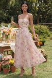 Pink Floral Strapless A Line Midi Wedding Guest Dress with Sequins