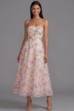 Pink Floral Strapless A Line Midi Wedding Guest Dress with Sequins