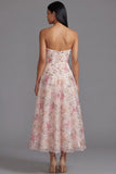 Pink Floral Strapless A Line Midi Wedding Guest Dress with Sequins