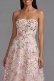 Pink Floral Strapless A Line Midi Wedding Guest Dress with Sequins