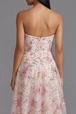 Pink Floral Strapless A Line Midi Wedding Guest Dress with Sequins