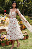Ivory Corset Floral A Line Midi Wedding Guest Dress with Sash