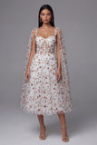 Ivory Corset Floral A Line Midi Wedding Guest Dress with Sash
