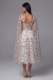 Ivory Corset Floral A Line Midi Wedding Guest Dress with Sash