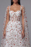 Ivory Corset Floral A Line Midi Wedding Guest Dress with Sash