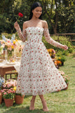 Off the Shoulder Floral Ivory A Line Wedding Guest Dress