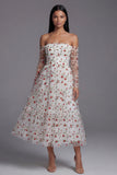 Off the Shoulder Floral Ivory A Line Wedding Guest Dress