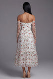 Off the Shoulder Floral Ivory A Line Wedding Guest Dress