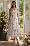 Off the Shoulder Floral Ivory A Line Wedding Guest Dress