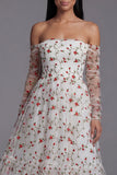 Off the Shoulder Floral Ivory A Line Wedding Guest Dress