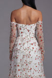 Off the Shoulder Floral Ivory A Line Wedding Guest Dress
