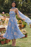 Blue Strapless A Line Floral Wedding Guest Dress with Sash