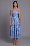 Blue Strapless A Line Floral Wedding Guest Dress with Sash