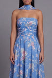 Blue Strapless A Line Floral Wedding Guest Dress with Sash