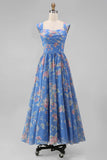 A Line Blue Square Neck Floral Midi Wedding Guest Dress