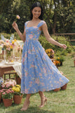 A Line Blue Square Neck Floral Midi Wedding Guest Dress