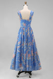 A Line Blue Square Neck Floral Midi Wedding Guest Dress