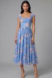 A Line Blue Square Neck Floral Midi Wedding Guest Dress