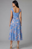 A Line Blue Square Neck Floral Midi Wedding Guest Dress