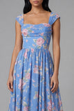 A Line Blue Square Neck Floral Midi Wedding Guest Dress
