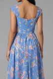 A Line Blue Square Neck Floral Midi Wedding Guest Dress