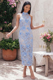 Blue Sheath Halter Appliqued Midi Wedding Guest Dress
