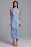 Blue Sheath Halter Appliqued Midi Wedding Guest Dress