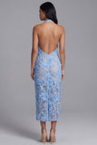 Blue Sheath Halter Appliqued Midi Wedding Guest Dress