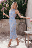 Blue Sheath Halter Appliqued Midi Wedding Guest Dress