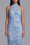 Blue Sheath Halter Appliqued Midi Wedding Guest Dress