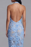Blue Sheath Halter Appliqued Midi Wedding Guest Dress
