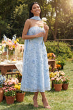 Strapless Blue A Line Floral Wedding Guest Dress with Sash