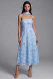 Strapless Blue A Line Floral Wedding Guest Dress with Sash