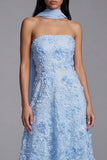 Strapless Blue A Line Floral Wedding Guest Dress with Sash