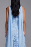 Strapless Blue A Line Floral Wedding Guest Dress with Sash