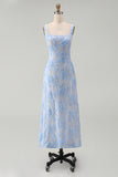 Blue Floral Square Neck A Line Midi Wedding Guest Dress