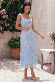 Blue Floral Square Neck A Line Midi Wedding Guest Dress