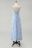 Blue Floral Square Neck A Line Midi Wedding Guest Dress