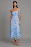 Blue Floral Square Neck A Line Midi Wedding Guest Dress