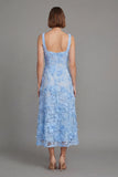 Blue Floral Square Neck A Line Midi Wedding Guest Dress